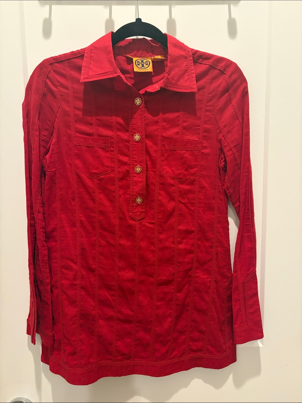 Tory Burch Red Long-Sleeve Collared Button 100% cotton top